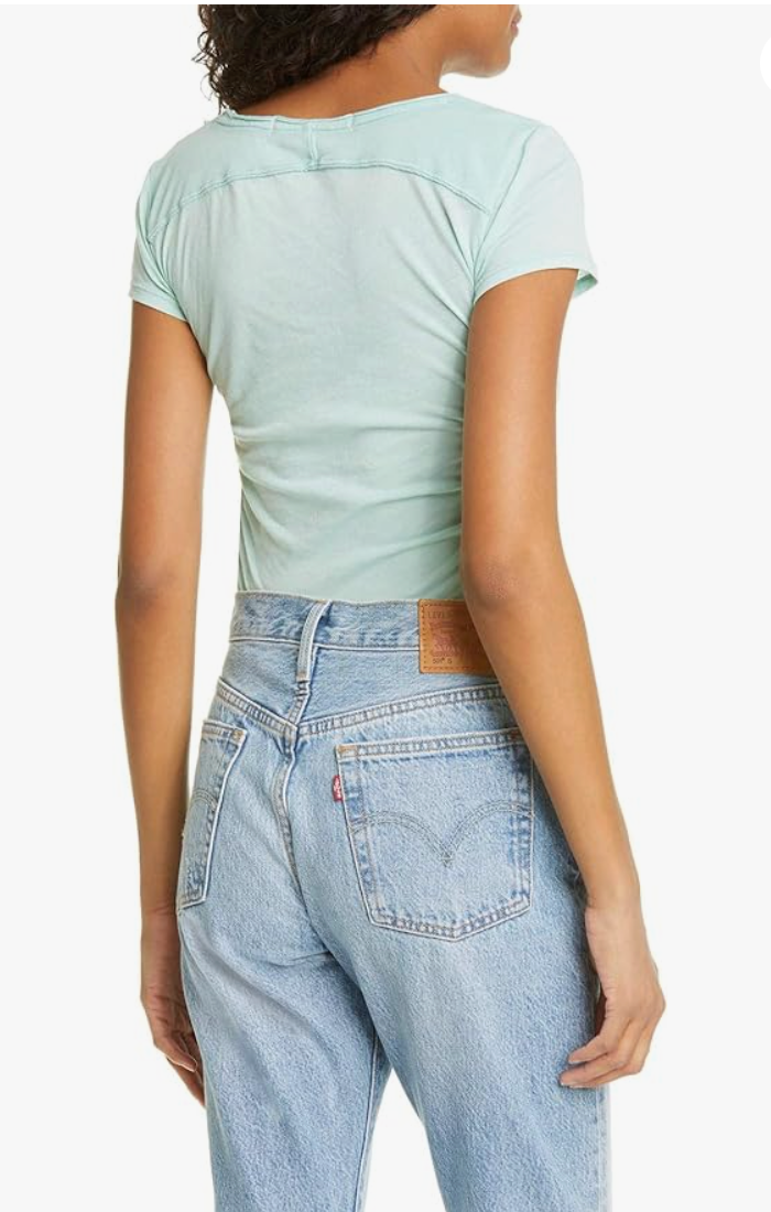 Get trendy with Free People Sonnet Tee Short Sleeve Ruched Sides Scoop Neck Sea Sage -  available at ELLE TENAJ. Grab yours for $30 today!