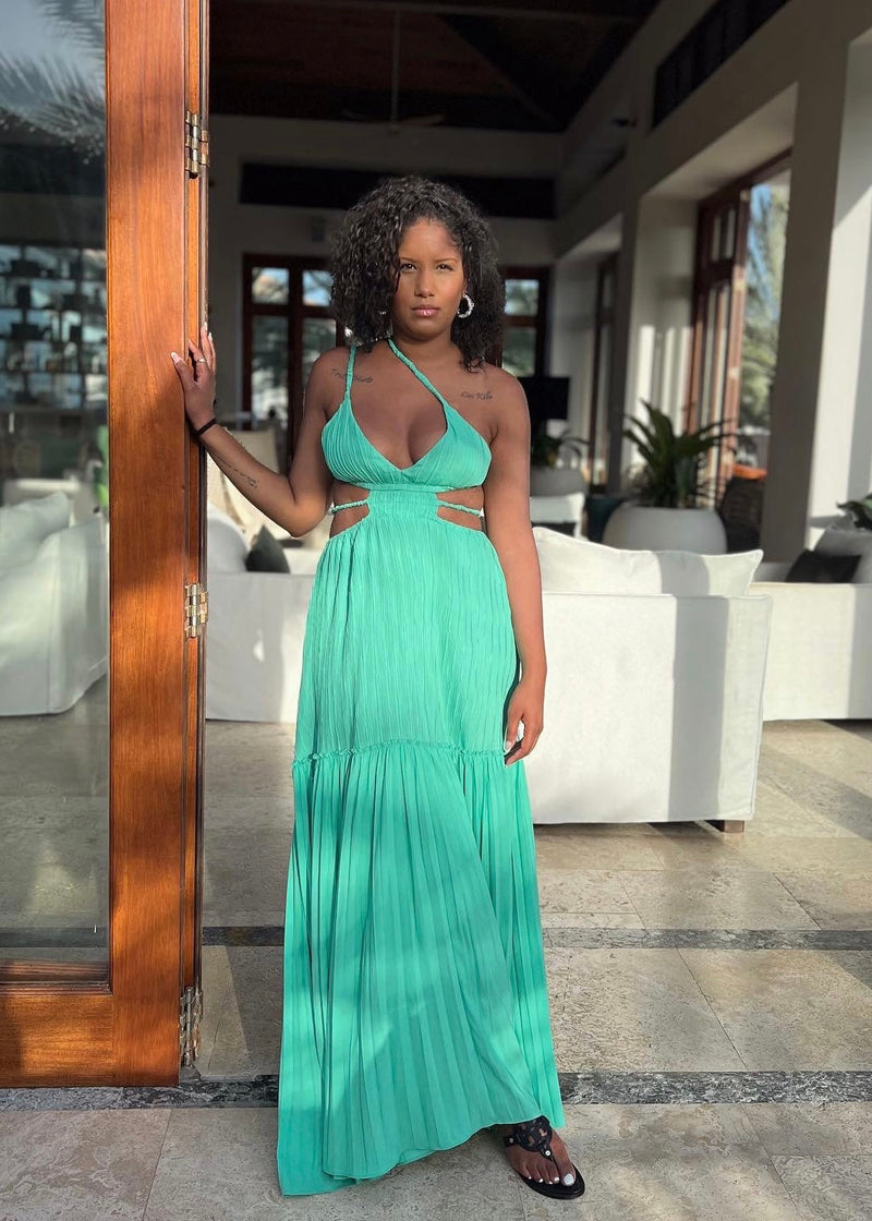 Get trendy with Seafoam Green Crinkle Maxi Cut-Out Dress - Dresses available at ELLE TENAJ. Grab yours for $79.90 today!