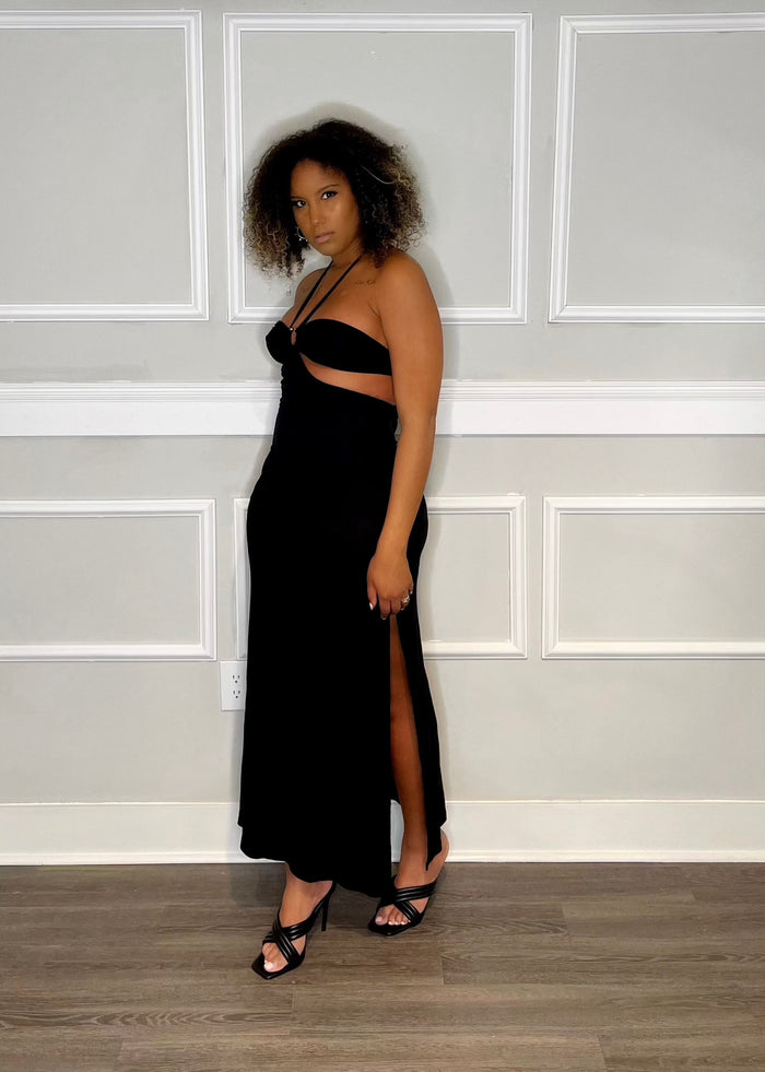 Get trendy with Britt Black Halter Cut-out Maxi Dress - Dresses available at ELLE TENAJ. Grab yours for $35.00 today!