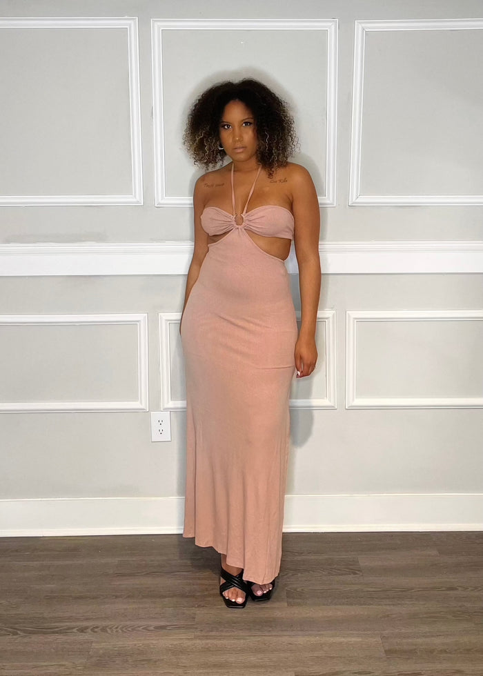 Get trendy with Pamela Blush Halter Cut-Out Maxi Dress - Dresses available at ELLE TENAJ. Grab yours for $25 today!