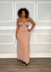 Get trendy with Pamela Blush Halter Cut-Out Maxi Dress - Dresses available at ELLE TENAJ. Grab yours for $35.00 today!