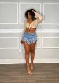 Get trendy with Justine Distressed Frayed Jean Shorts - Bottoms available at ELLE TENAJ. Grab yours for $25 today!