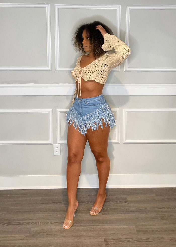 Get trendy with Brunch Ready Light Wash Denim Festival Shorts - Bottoms available at ELLE TENAJ. Grab yours for $20.00 today!