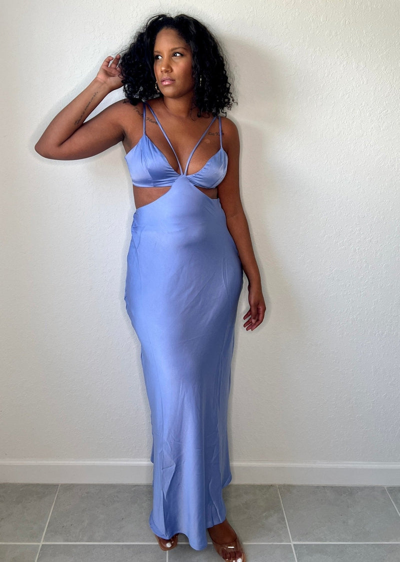 Get trendy with Blue Cut-Out Maxi Dress - Dresses available at ELLE TENAJ. Grab yours for $30 today!