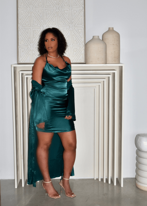 Get trendy with Emerald Green Satin Cowl Neck Dress Set w/ Cardigan - Sets available at ELLE TENAJ. Grab yours for $69.00 today!