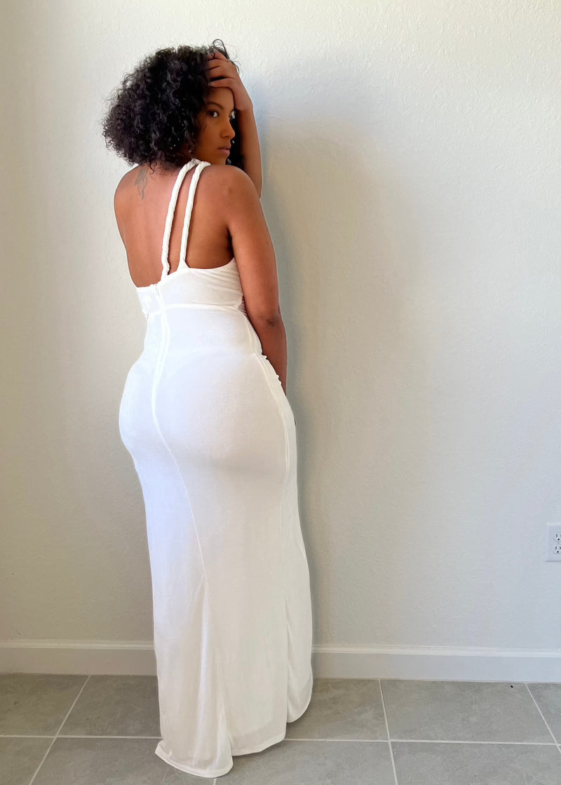 Get trendy with White Asymmetrical Cut-Out Maxi Dress - Dresses available at ELLE TENAJ. Grab yours for $69 today!