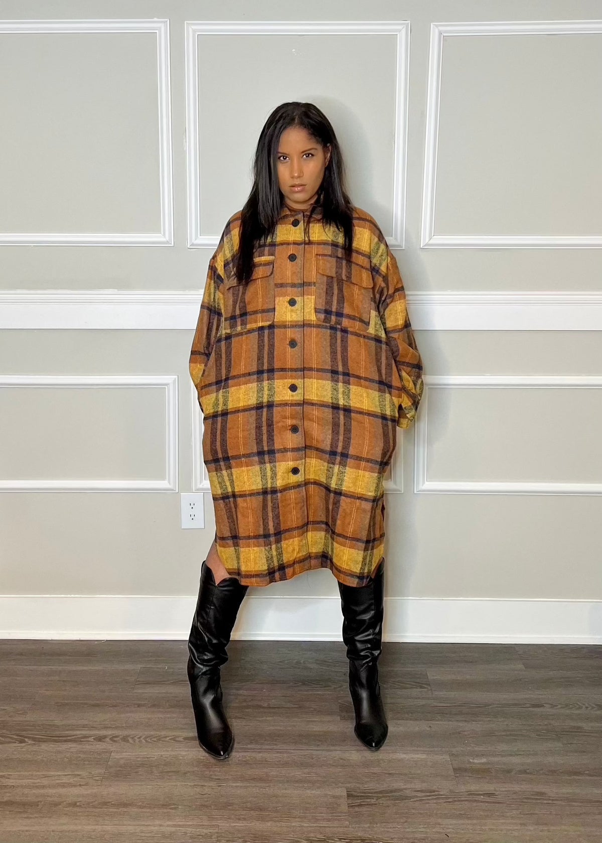 Get trendy with Plaid Flannel Long Overcoat - Jacket available at ELLE TENAJ. Grab yours for $59.0 today!