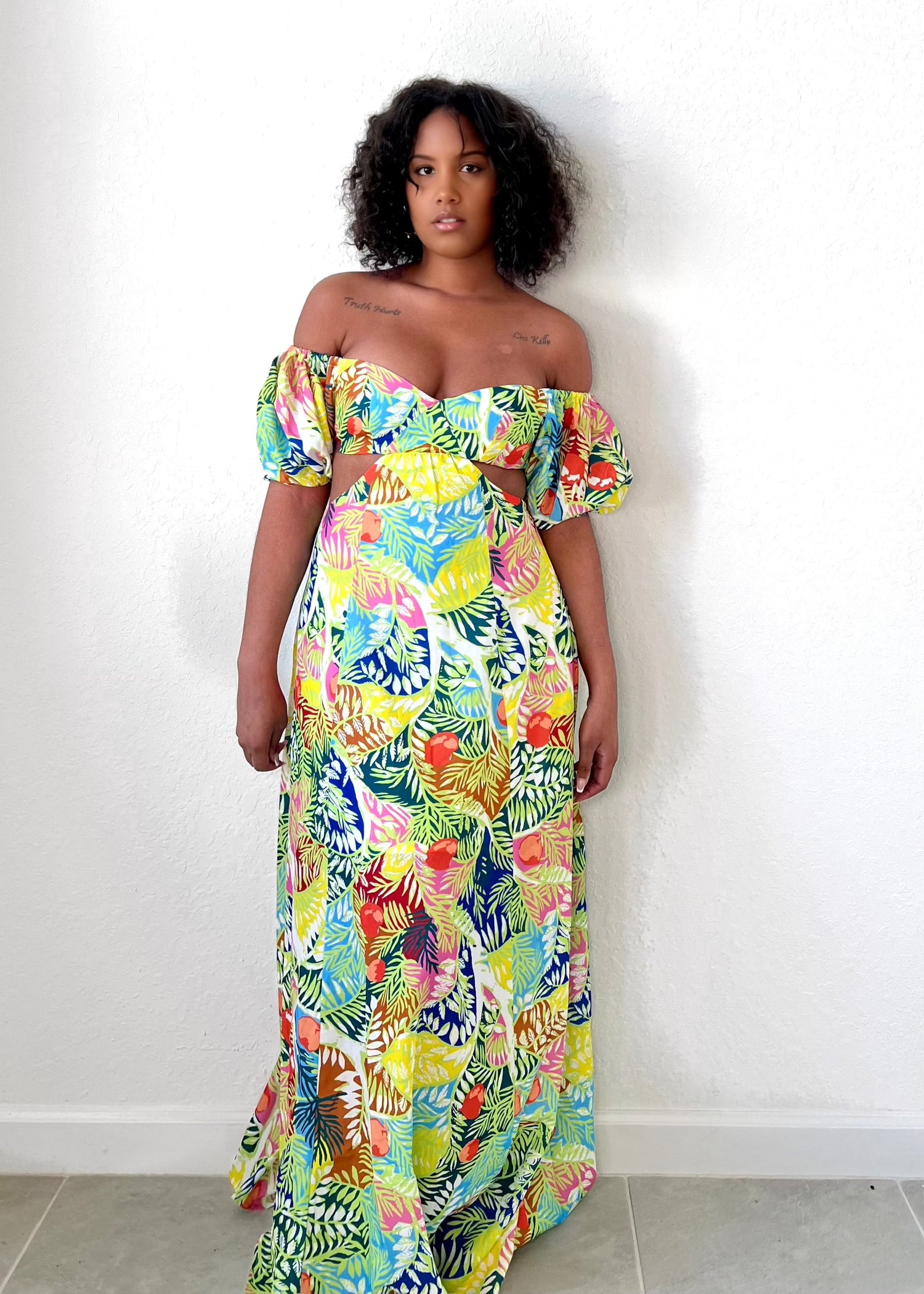Tropical Floral Cut-out Feminine Flowy Maxi Dress