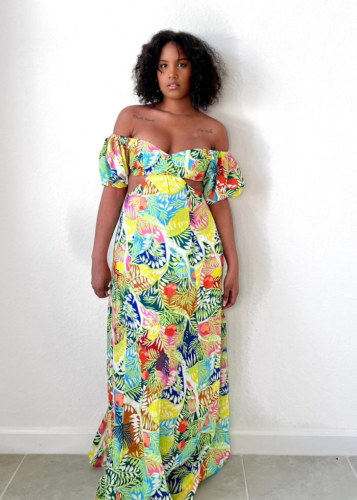 Get trendy with Tropical Floral Cut-out Feminine Flowy Maxi Dress - Dresses available at ELLE TENAJ. Grab yours for $66.48 today!