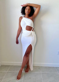 Get trendy with White Asymmetrical Cut-Out Maxi Dress - Dresses available at ELLE TENAJ. Grab yours for $69 today!