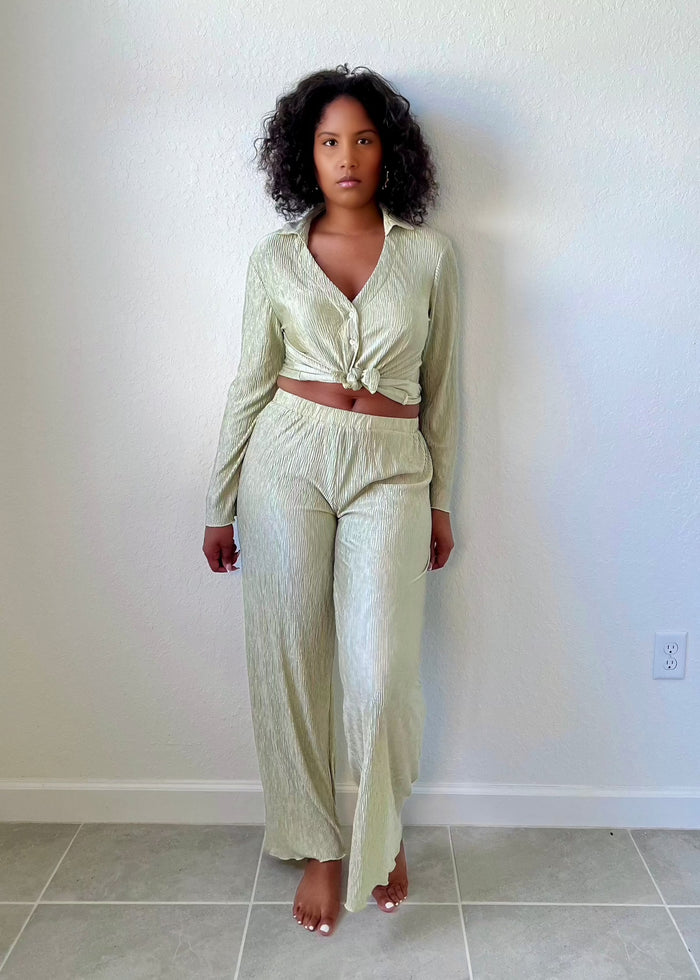 Get trendy with Sage Pleated Pajamas Set - Sets available at ELLE TENAJ. Grab yours for $38 today!