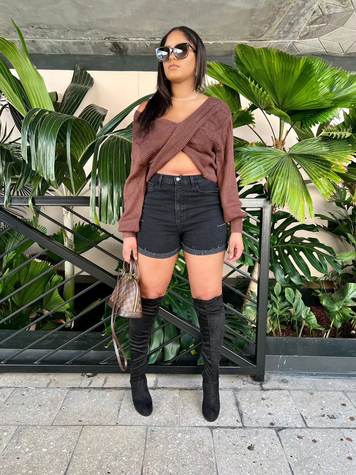 Get trendy with Brown Versatile Criss-Cross Sweater - Tops available at ELLE TENAJ. Grab yours for $35 today!