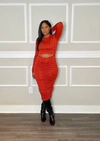 Get trendy with Rust Cutout Long Ruched Maxi Dress - Dresses available at ELLE TENAJ. Grab yours for $35 today!
