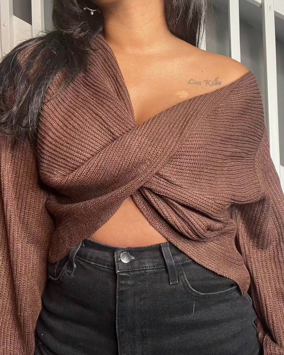 Get trendy with Brown Versatile Criss-Cross Sweater - Tops available at ELLE TENAJ. Grab yours for $35.00 today!