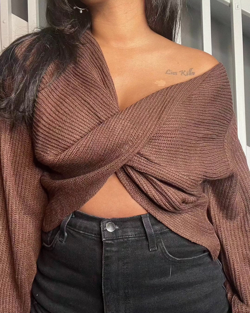 Get trendy with Brown Versatile Criss-Cross Sweater - Tops available at ELLE TENAJ. Grab yours for $20 today!