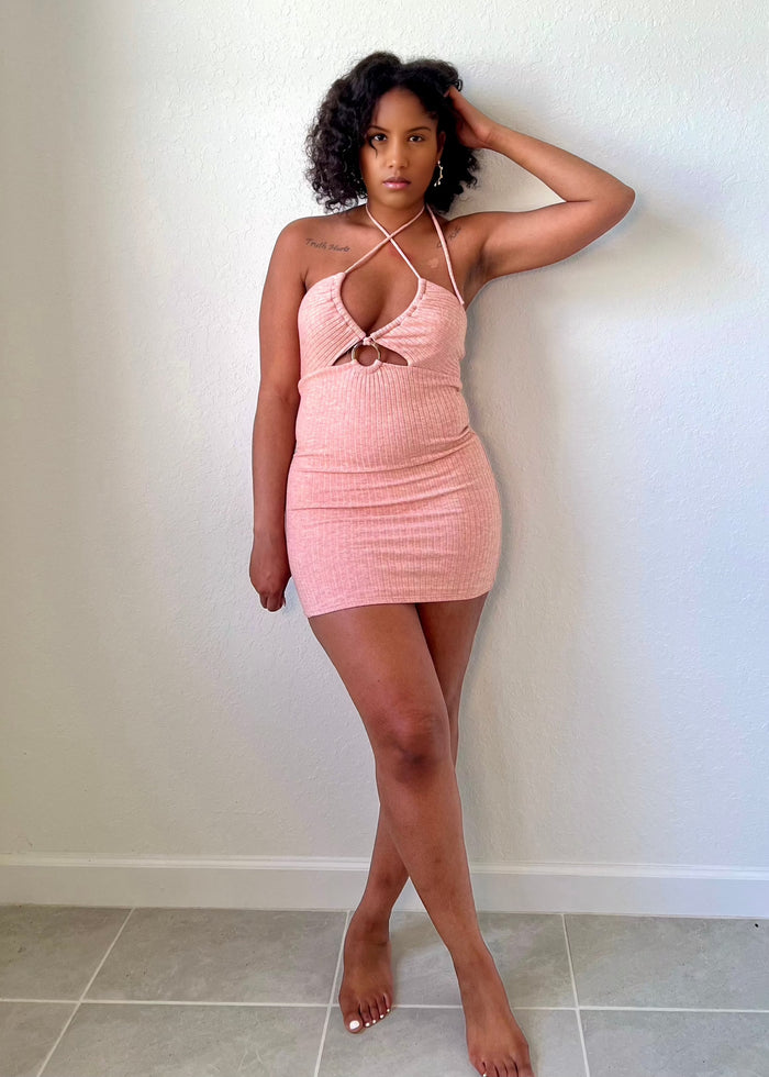 Get trendy with Powderpuff Rose Pink Mini O-Ring Dress - Dresses available at ELLE TENAJ. Grab yours for $36 today!