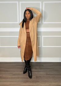 Get trendy with Camel Faux Suede Cardigan - Jacket available at ELLE TENAJ. Grab yours for $38 today!