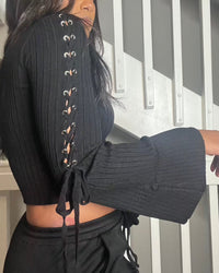 Get trendy with Black Turtleneck Lace up Sweater - Tops available at ELLE TENAJ. Grab yours for $29.00 today!