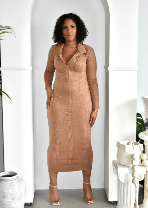 Get trendy with Mocha Collared Knit Midi Dress - Dresses available at ELLE TENAJ. Grab yours for $49.0 today!