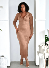Get trendy with Mocha Collared Knit Midi Dress - Dresses available at ELLE TENAJ. Grab yours for $64.50 today!
