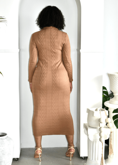 Get trendy with Mocha Collared Knit Midi Dress - Dresses available at ELLE TENAJ. Grab yours for $38.70 today!