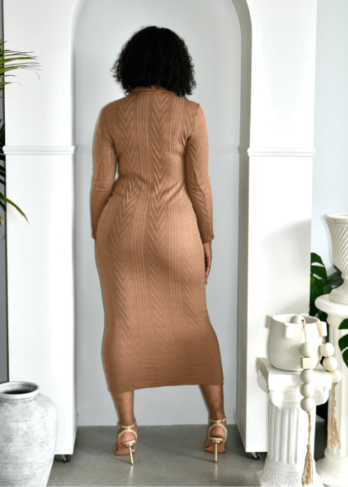 Get trendy with Mocha Collared Knit Midi Dress - Dresses available at ELLE TENAJ. Grab yours for $64.50 today!