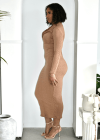 Get trendy with Mocha Collared Knit Midi Dress - Dresses available at ELLE TENAJ. Grab yours for $25 today!