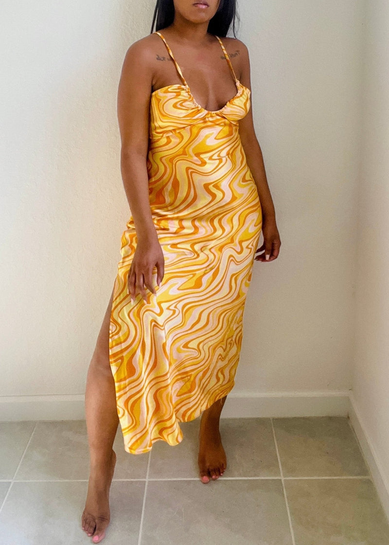 Get trendy with Orange Retro Swirl Midi Dress - Dresses available at ELLE TENAJ. Grab yours for $54.90 today!