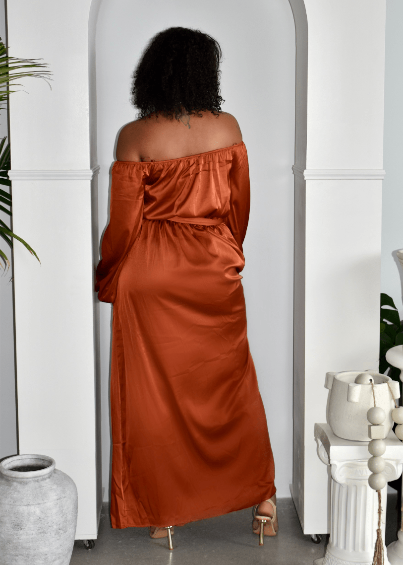 Get trendy with Rust Off the Shoulder Split Satin Maxi Dress - Dresses available at ELLE TENAJ. Grab yours for $38 today!