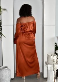 Get trendy with Rust Off the Shoulder Split Satin Maxi Dress - Dresses available at ELLE TENAJ. Grab yours for $30 today!