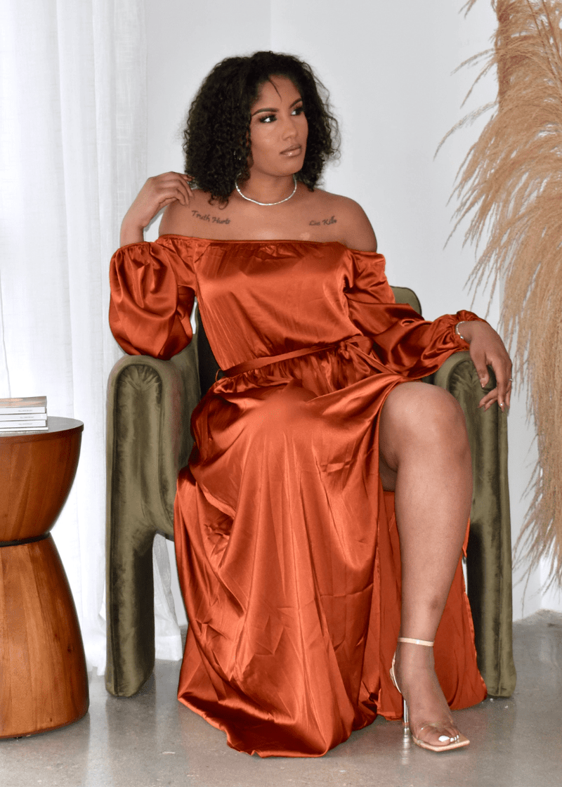 Get trendy with Rust Off the Shoulder Split Satin Maxi Dress - Dresses available at ELLE TENAJ. Grab yours for $30 today!