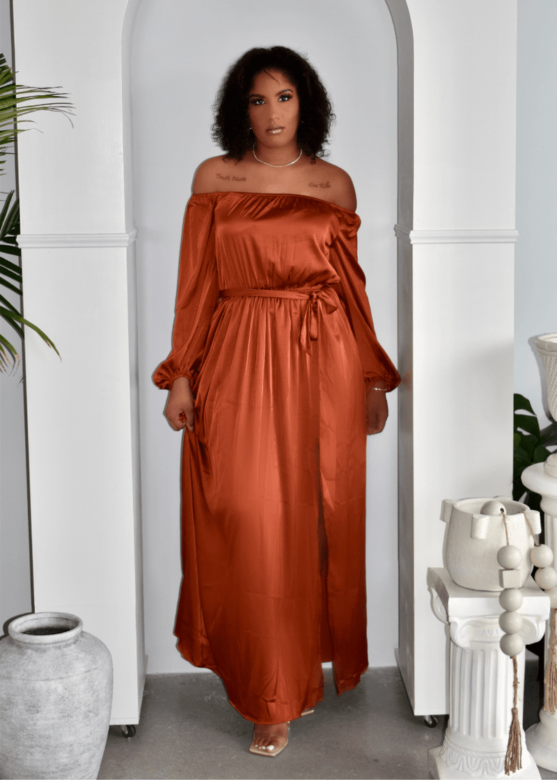 Get trendy with Rust Off the Shoulder Split Maxi Dress - Dresses available at ELLE TENAJ. Grab yours for $59.0 today!