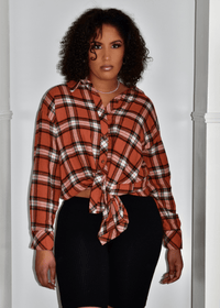 Get trendy with Rust Plaid Flannel Shirt - Tops available at ELLE TENAJ. Grab yours for $25.0 today!