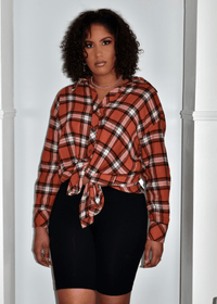 Get trendy with Rust Plaid Flannel Shirt - Tops available at ELLE TENAJ. Grab yours for $25 today!