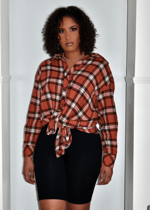 Get trendy with Rust Plaid Flannel Shirt - Tops available at ELLE TENAJ. Grab yours for $15 today!