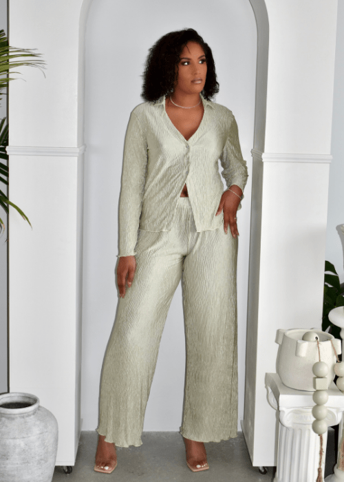 Get trendy with Sage Pleated Pajamas Set - Sets available at ELLE TENAJ. Grab yours for $38 today!
