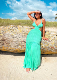 Get trendy with Seafoam Green Crinkle Maxi Cut-Out Dress - Dresses available at ELLE TENAJ. Grab yours for $79.90 today!